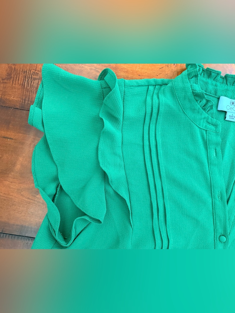 CeCe Emerald Green Pintuck Ruffle Blouse - Picture 2 of 3